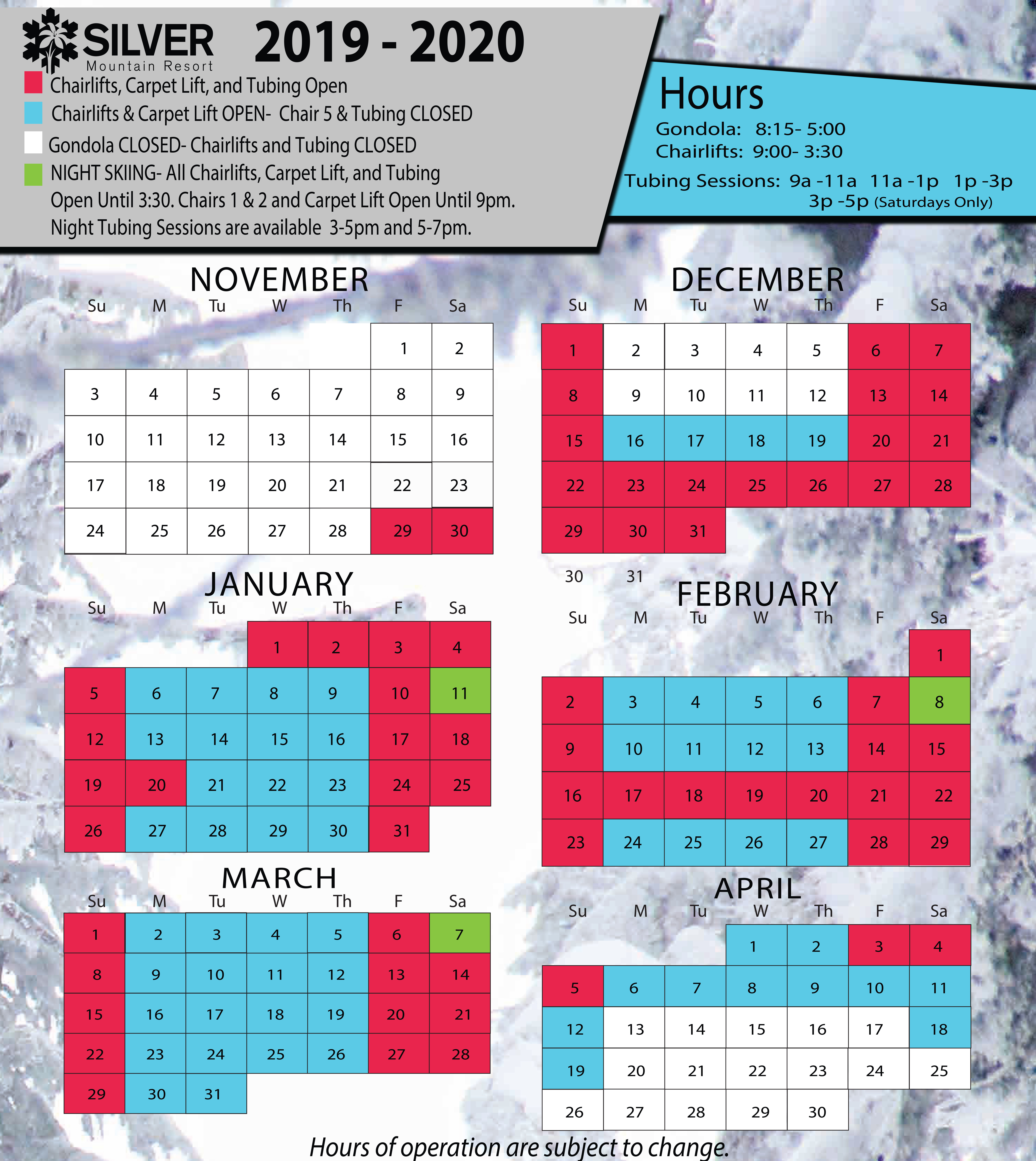 Gondola Schedule of Operation